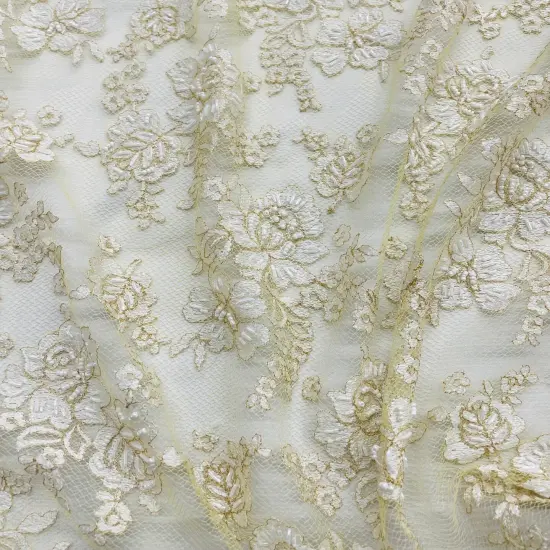 1 Yard Elegant Beaded Lace Fabric Embroidered on 100% Polyester Net Mesh Ivory with Gold 54" Width {2}