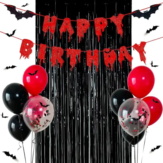 Red Glittery Happy Birthday Halloween Banner Black Foil Curtains Backdrop {1}