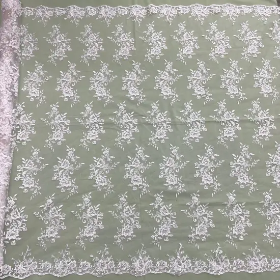1 Yard Corded Bridal Lace Fabric Embroidered Net Mesh Sage Pink 53" Width Ivory with Silver {5}