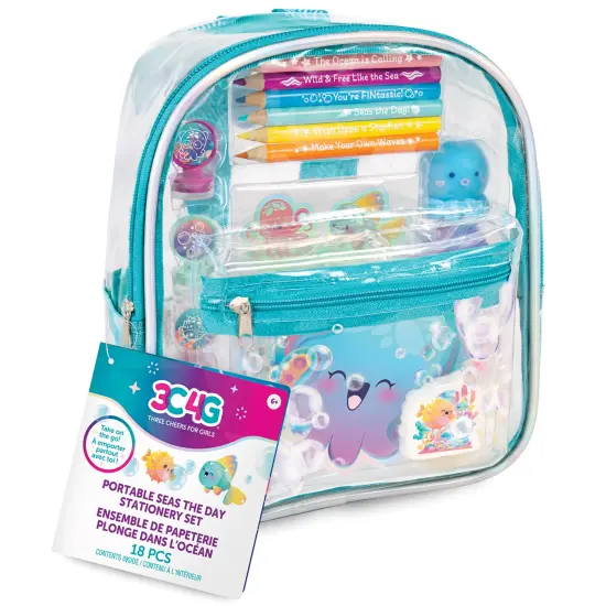 3C4G: Portable Seas The Day! Stationary Set - 8" Mini Backpack Case, Ocean Themed, Stickers-Highlighters-Color Pencils-Stamps-Note Pad, Girls & Kids {1}
