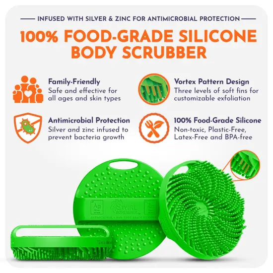 Swirl Scrubber: Antimicrobial Silicone Body Scrubber - Green - Shower Hanger & Sticker, Lymphatic Support, Deep Exfoliation-Cleansing, Family Hygiene {6}