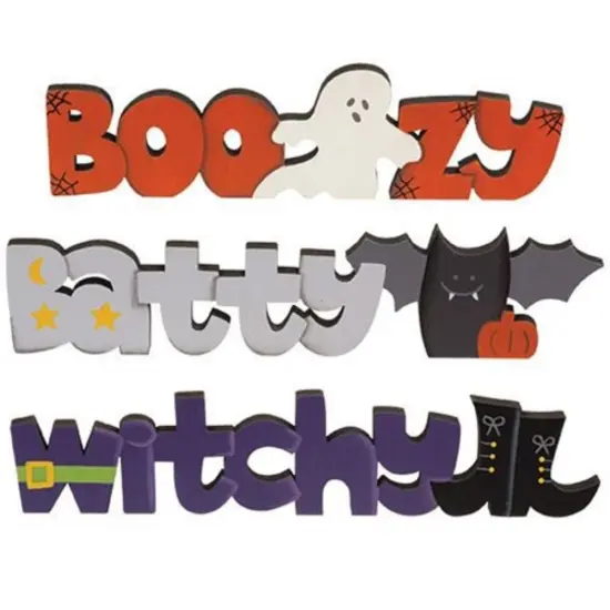 3 Asstd. Halloween Wooden Word Block Set Boozy Witchy Batty Shelf Decor {1}