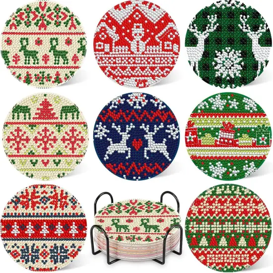 8 Pcs Christmas Diamond Painting Coasters with Holder, Diamond Art Coasters for Beginners, Adults & Beginner Diamond Art Kits for Adults, Craft Supplies Diamond Art Coasters Adults {1}