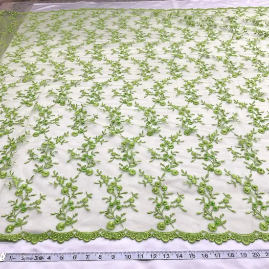 1 Yard Beaded Lace Fabric Embroidered Pearl Sequin Bridal Mesh Wedding Dress 54" Width Lime Green {1}