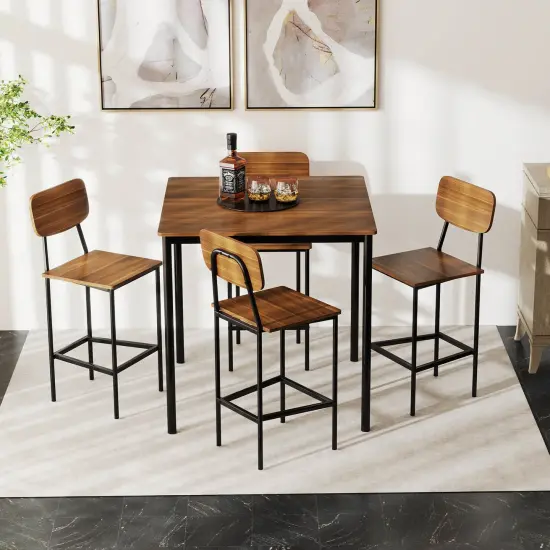 Costway 5-Piece Industrial Dining Table Set with Counter Height Table & 4 Bar Stools Black/Grey/Walnut {4}