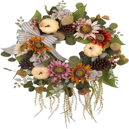 Fall Pumpkin Sunflower Pinecone Wreath - 24 Inch {1}