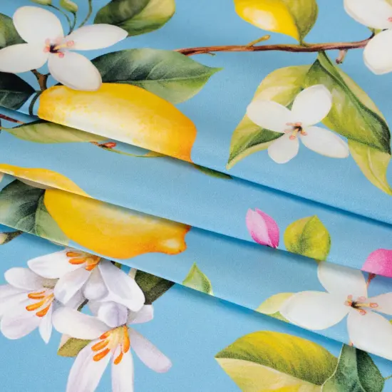 1 Yard Hand Painted Silk Charmeuse Fabric Sky Blue, Green and Yellow Lemon Tree Design 53 inch Width {3}