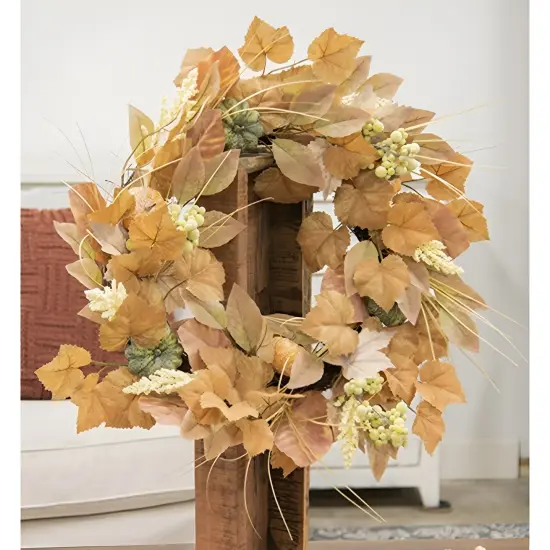 Multi-Color Wind Washed Fall Foliage Wreath with Pumpkins and Berries {2}