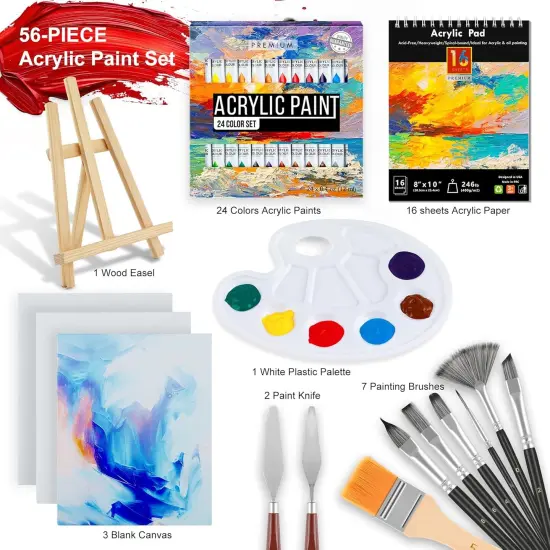 Acrylic Paint Set 56 pcs,Painting Supplies with 24 Acrylic Paint,16 Sheets Acrylic Pad {2}