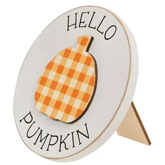 White Wood Decor with Orange Plaid Pumpkin & Easel Stand {2}
