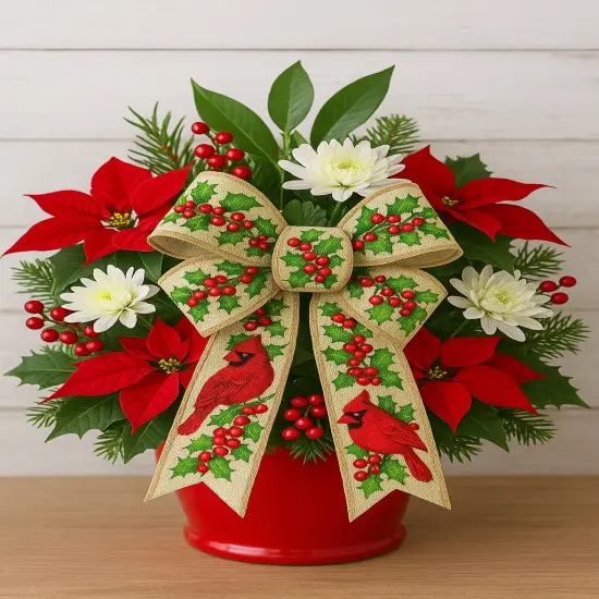 Designer&rsquo;s Shop WR 63-5204 Holiday Red Cardinals with holly and red berries Wired edge ribbon 2.5&rdquo; x 10 yard {6}