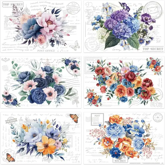 6 Pcs Large Vintage Flowers Rub on Transfers {1}