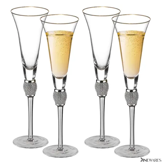 Elegant Crystal Set Wedding Champagne Glasses with Diamond Rhinestone Accents and a Polished Rim - 11 in Tall with Slender Long Stems, 7 oz - Chic Toasting Set for the Bride and Groom {1}