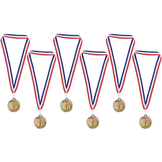 Juvale Gold Medals - 6-Pack Metal Winner Awards, Perfect for Sports, Competitions, Spelling Bees, Party Favors, 2.75 Inches Diameter with 16.3 Inch USA Ribbon {1}