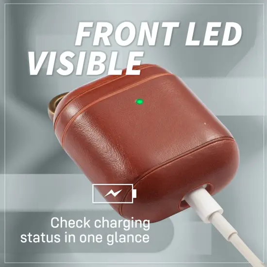 Insten Genuine Leather Case Compatible with Airpods 2 & 1 Carrying Case with Anti Loss Keychain Hook, Front LED Light Visible, Full Body Protective Skin Cover For Women Men Girls Boys, Brown {4}