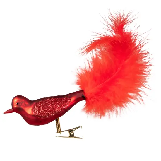 Northlight Glitter Winged Bird with Tail Clip On Glass Christmas Ornament - 5.5" - Red Orange {3}