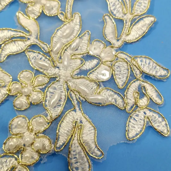 1 Pair Beaded & Corded Floral Lace Applique Embroidered on 100% Polyester Organza 13" x 4" Each Side Ivory /Gold {7}