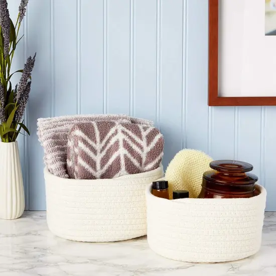 Farmlyn Creek Cotton Woven Baskets for Storage, White Organizers (2 Sizes, 2 Pack) {3}