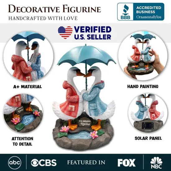 Romantic Swan Couple Under an Umbrella Solar Powered Garden Statue, 10" Lighted Outdoor Bird Figurine Decor {2}