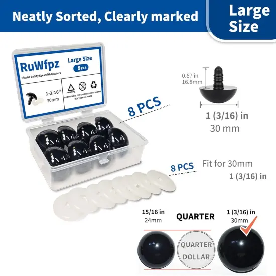 Large Safety Eyes for Crocheting Amigurumi 30mm 1-3/16" - 8Pcs {2}