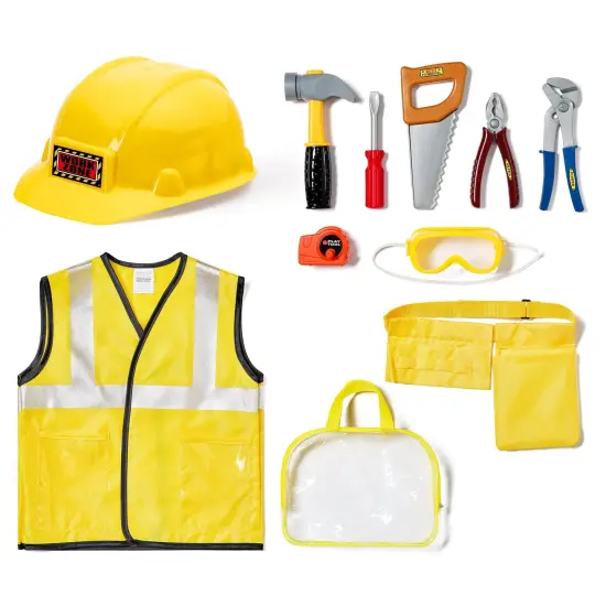 Kids Role Play Costume Set - 10-Piece Construction Worker Costume for Kids, Builder Dress Up Kit with Hard Hat, Tool Belt, Vest, and Other Accessories for Halloween Dress Up & Play, For Ages 3-14 Multicolor {1}