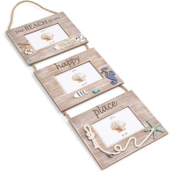 Hanging Beach Picture Frames for 4x6 Photos, Rustic Nautical Home Decor (9 x 30 x 0.25 In) Brown {4}