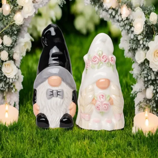 Ceramic Gnome Bride and Groom Salt and Pepper Shakers, Wedding Decor, Wedding Gift, Fairy Garden Decor, Gnome Collector Gift {2}