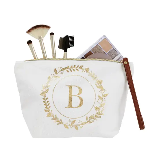 Gold Initial B Personalized Makeup Bag for Women, Monogrammed Canvas Cosmetic Pouch (White, 10 x 3 x 6 In) {7}