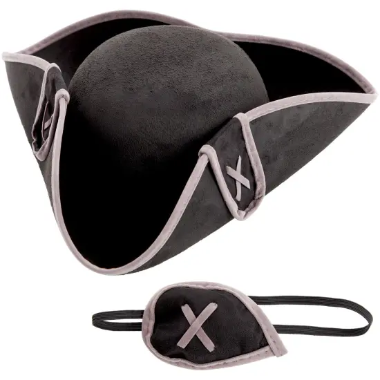 Black Pirate Hat and Eye Patch for Halloween Outfit - Tricorn Hat for Birthday Party Costume, Dess Up, Adult Size {1}