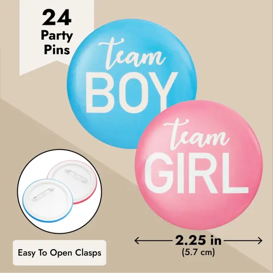 24 Pack Gender Reveal Pins for Party Supplies, Blue and Pink Team Boy Team Girl Buttons (2.25 In) {3}