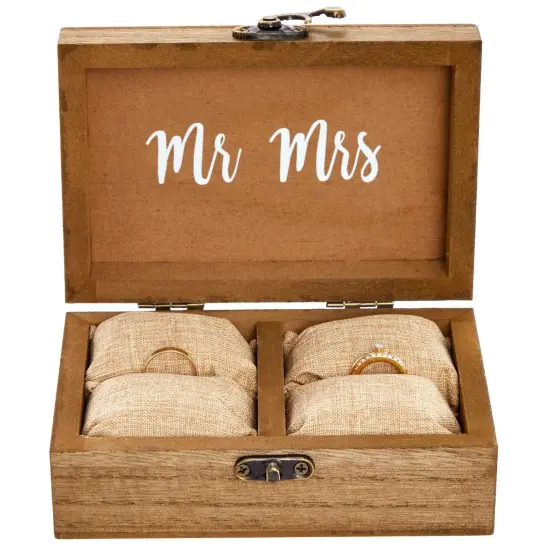 Juvale Wooden Two Become One Ring Bearer Box with Two Become One Design - Brown Burlap Pillow Lining - Wedding Ring Box for Ceremony, Anniversaries, and Marriage Renewal (6 x 4 x 2 In) {1}