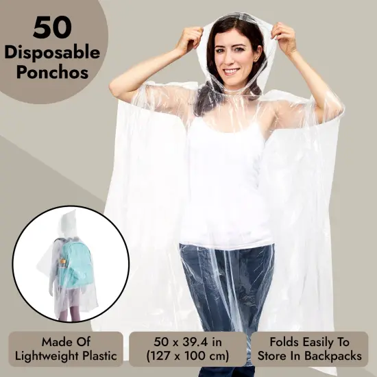 50 Pack Disposable Rain Ponchos for Adults, Bulk Emergency Ponchos with Hood, Individually Wrapped Raincoats, Rainbow Colors, Clear, Family, Women, Men, One Size Multicolor {5}