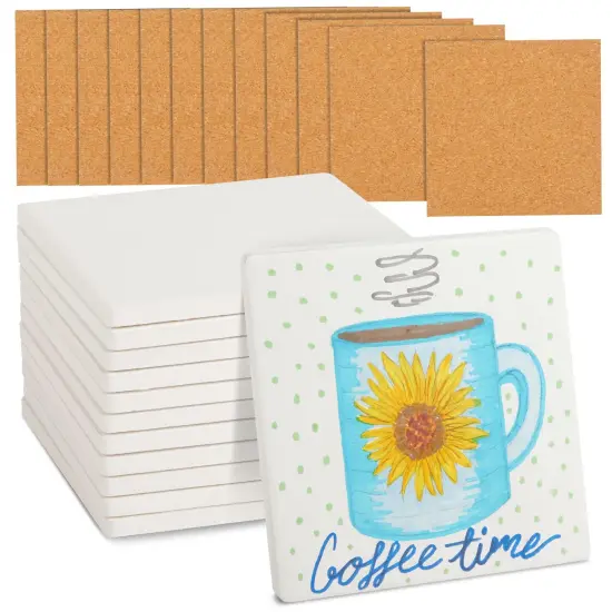 4 Inch Square Ceramic Tiles for Crafts with Cork Backing Pads, 12 Pack of Unglazed White DIY Coasters for Painting {1}