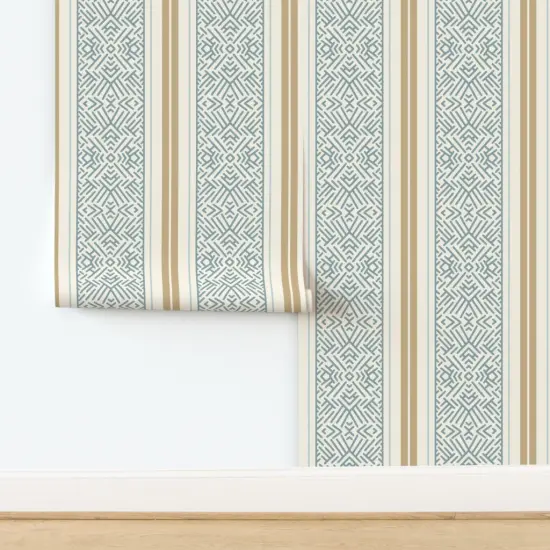 Peel & Stick Wallpaper 2FT Wide Boho Gold Blue Geometric Bohemian Classic Custom Removable Wallpaper by Spoonflower {2}
