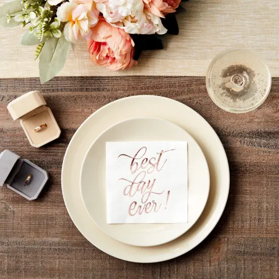 50-Pack Best Day Ever Napkins - Disposable Napkins for Wedding Reception, Bridal Shower, Engagement Party (Rose Gold, 5x5 In) White {4}