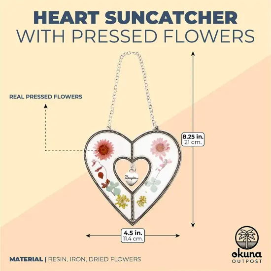 Metal Hanging Heart Suncatcher with Pressed Flowers for Window and Home Decor, 4.5 x 8.25 in. Pink {2}