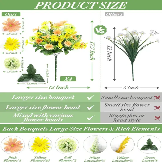 96 Heads 17.7 Inch Fake Dasiy Flowers Cemetery Decor, 4 Bouquets Artificial Flowers for Outdoors UV Resistant Plastic Fake Plants Faux Lavender for Gardens Planter Home Grave Decor(Yellow) {2}
