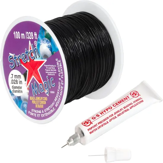 Stretch Magic Bead & Jewelry Cord - Strong & Stretchy, Easy to Knot - Black Color - 0.7mm Diameter - 100-meter (328 ft) Spool - Elastic String for Making Beaded Jewelry &ndash; Bonus Hypo Cement Glue {1}