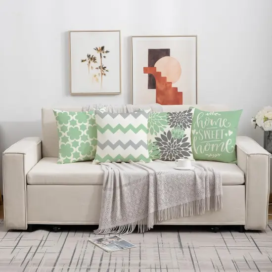 Set of 4 Geometric Floral Throw Pillow Covers 18 x 18 inch Spring Summer Farmhouse Cushion Covers for Home D&eacute;cor (Sage Green) {2}