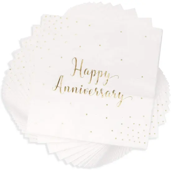 50 Pack Happy Anniversary Napkins, Gold Foil Cocktail Napkins for Wedding Anniversary, Party Decorations, Disposable (5 In) White {1}