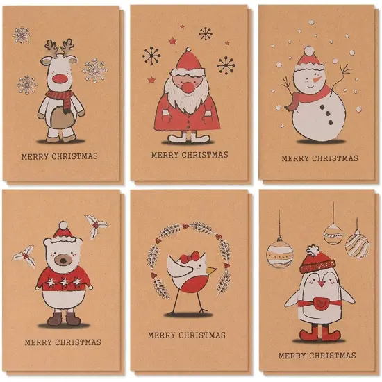 Best Paper Greetings 36 Pack Kraft Cute Christmas Greeting Cards with Envelopes, 4x6 Bulk Holiday Cards for Xmas Winter Holiday Season, 6 Red White Festive Designs Brown {1}