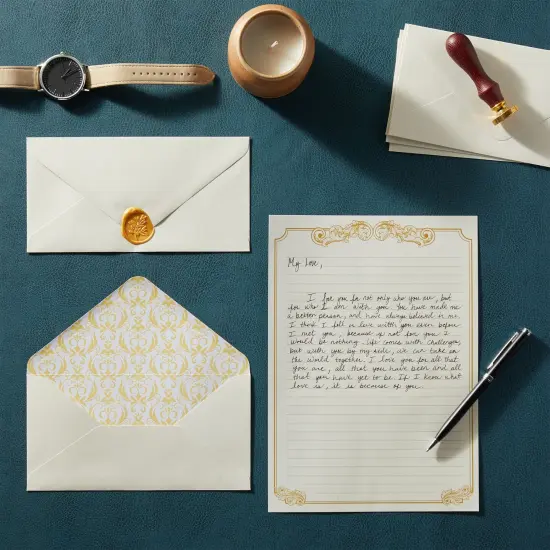 90 Pieces Stationery Paper Set for Love Letter, Party Invitations (60 Vintage-Style Sheets + 30 Envelopes) Gold {2}