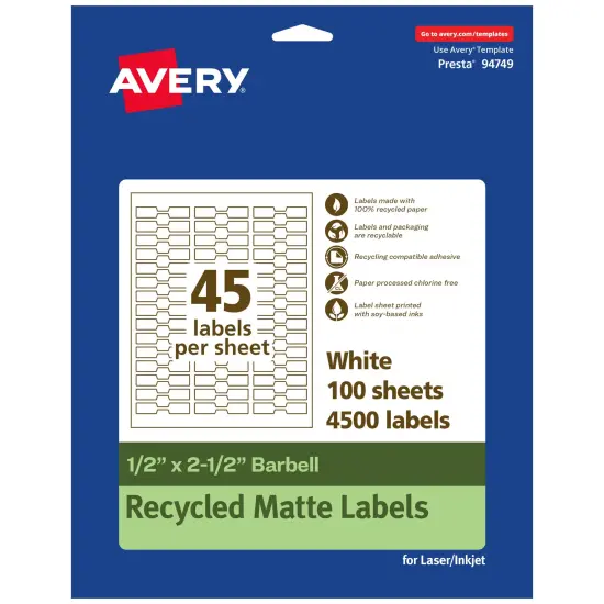 Avery Recycled Matte White Labels,1/2" x 2-1/2" Barbell {1}