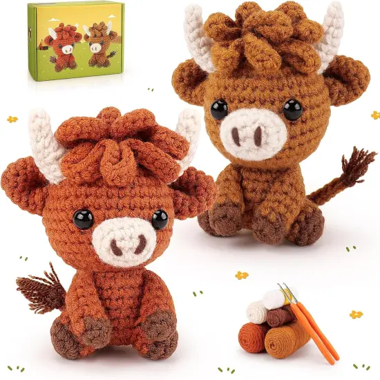 2PCS Brown Highland Cow Crochet Kit {1}