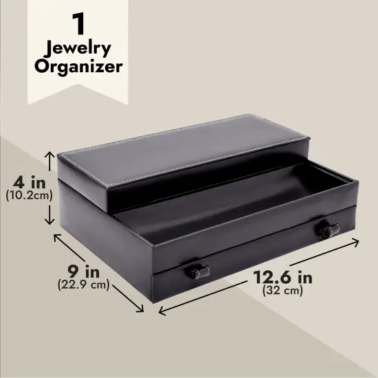 Faux Leather Mens Jewelry Box Organizer, Valet Tray for Watches (Black, 12.6 x 9 x 4 In) {4}