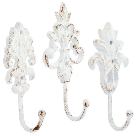 Set of 3 Cast Iron Wall Hooks, French Country Farmhouse Design, Includes Screws and Anchors (6.5 In, White) {1}