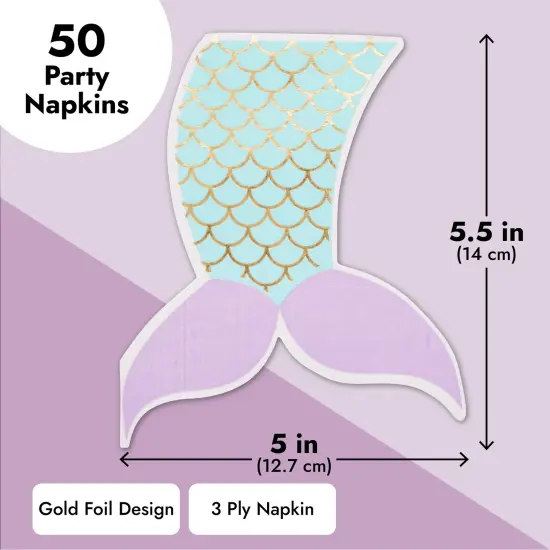 50 Pack Mermaid Tail Napkins for Girls Under the Sea Birthday Party Supplies, Baby Shower (3-Ply, 5 x 5.5 In) Blue {4}