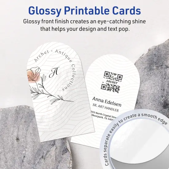 Avery Printable Arched Business Cards, Sure Feed Technology, 2" x 3-1/2", Glossy White Cardstock, Print-to-The-Edge, Laser/Inkjet Printable, 80 Total {3}