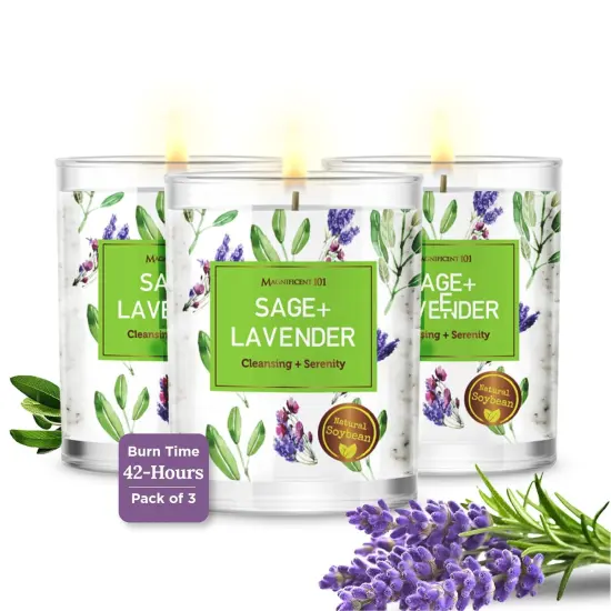 Magnificent 101 Set of 3 Long Lasting Pure Sage + Lavender Candles | 3.5 Oz Each - 42 Hour Burn | Natural, Organic Soy Wax Candle for House Energy Cleansing & Manifestation Sage Smudge Kit Incense Green {1}