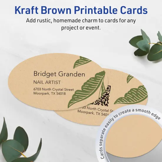Avery Printable Oval Business Cards, Sure Feed Technology, 2" x 3-1/2", Matte Kraft Brown Cardstock, Print-to-The-Edge, Laser/Inkjet Printable, 80 Total {3}